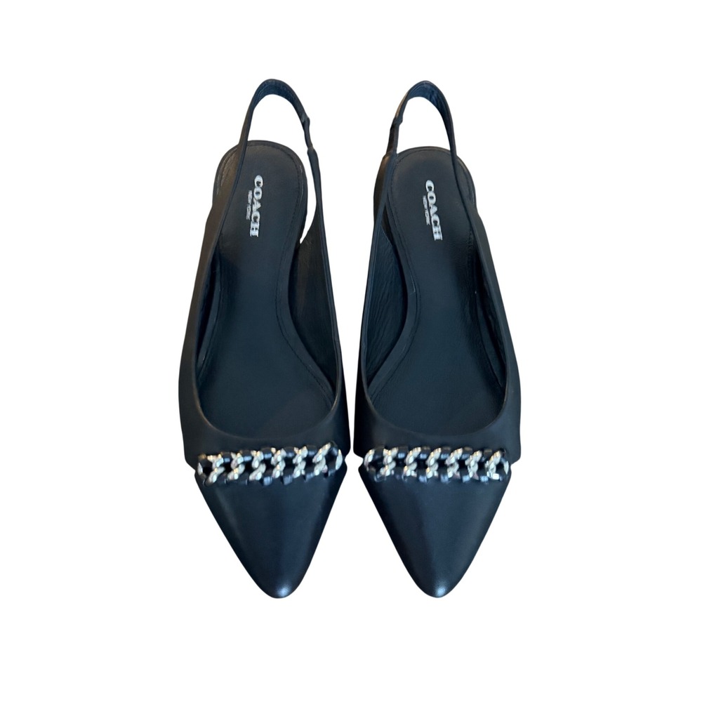 Coach Black Leather Chain Link Slingback Pointed Toe Flats Shoes Size 7 luxury‎